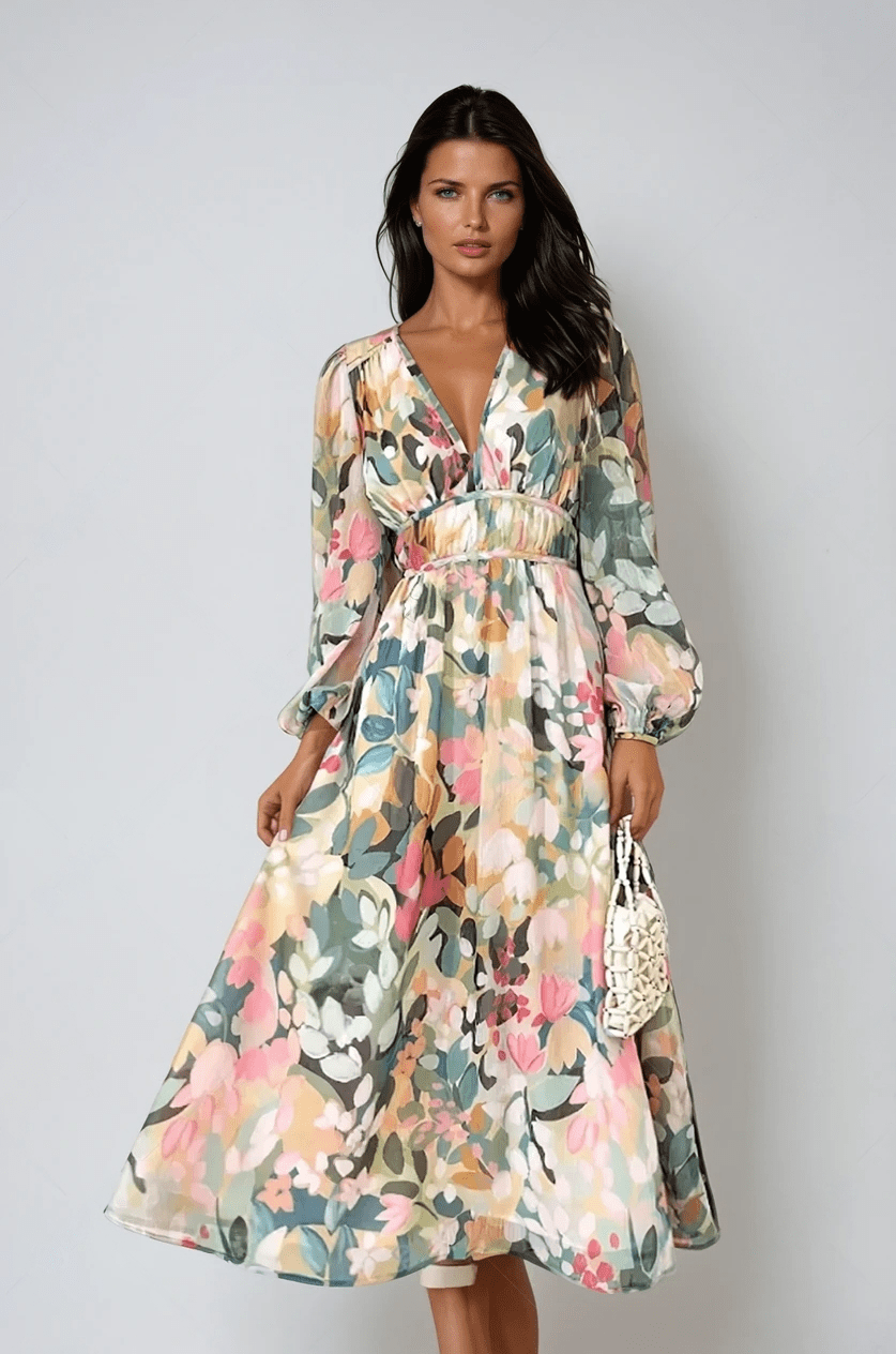 Daliah – Floral Midi Dress with V-Neck