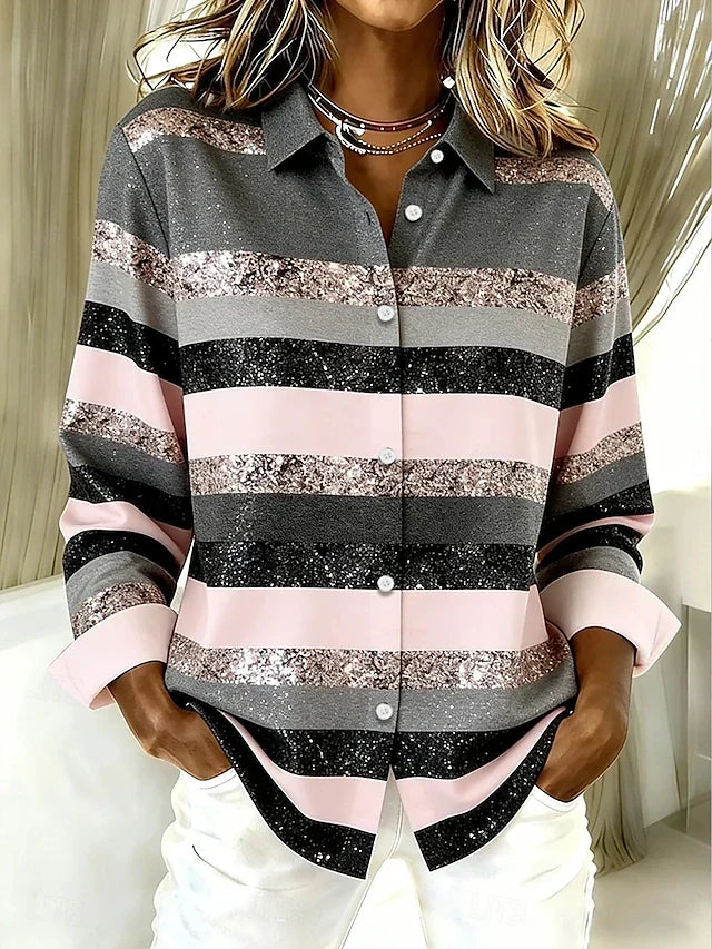 Evelyn Casual Horizontal Stripe Button Blouse