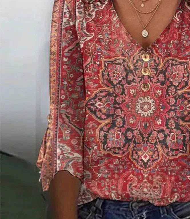 Arabella – Printed V-Neck 3/4 Sleeve Top